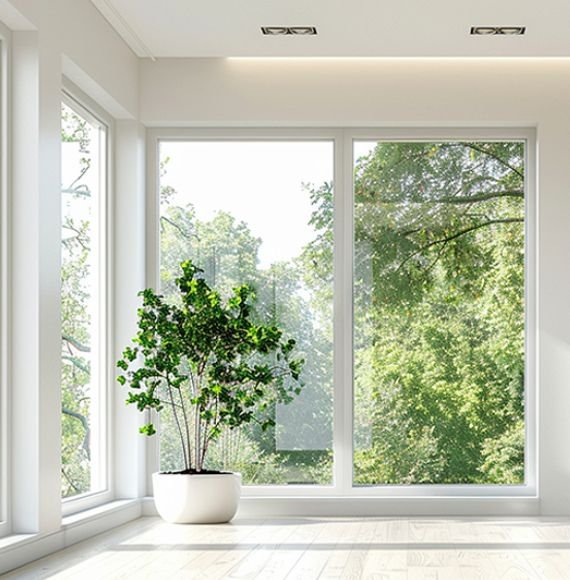 Panoramic aluminum glazing, bright living interior.