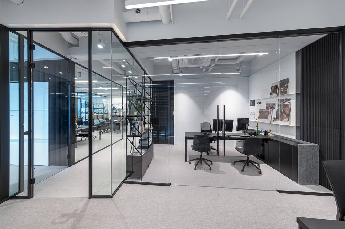 Office glass partitions with a black aluminum profile, Tbilisi.